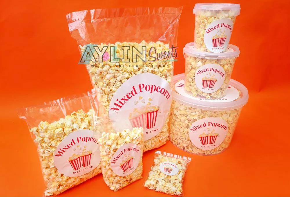 branded candy floss and popcorn tubs and bags