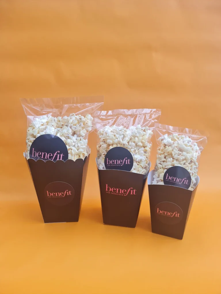 printed popcorn box and pre filled bag of popcorn